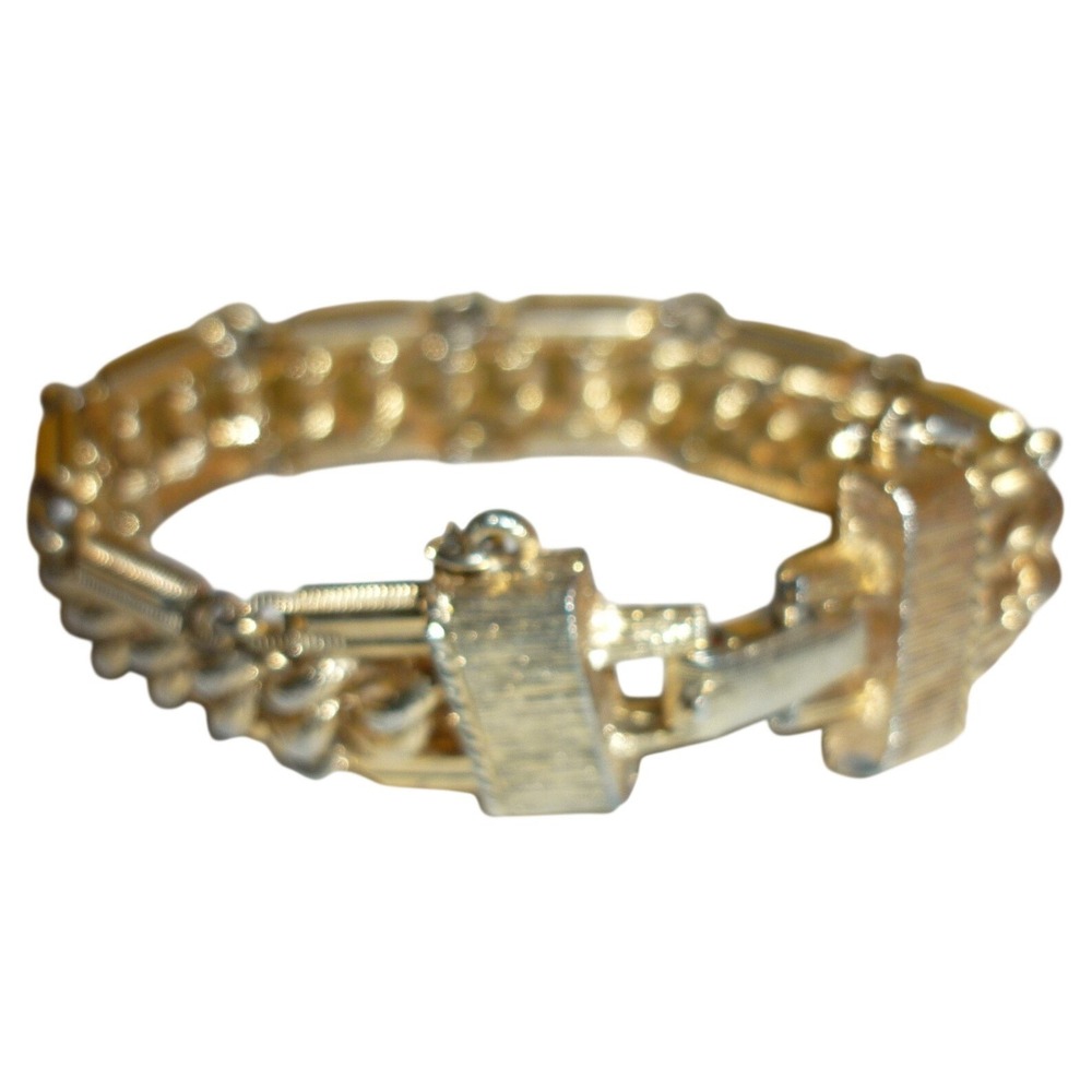 Vintage Gold Tone Wide Curb Chain Bar Link Bracelet Textured Safety Chain 7.5"